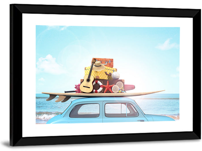 Vintage Car with Surfboard Wall Art as a framed print