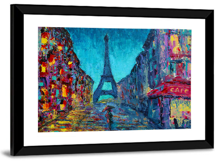 Rainy Paris Street with Eiffel Tower Wall Art as a framed print