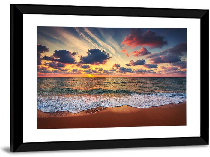 Golden Hour Beach Waves Under Cloudy Sky Wall Art as a framed print