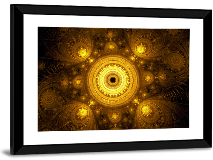 Golden Fractal Mandala Wall Art as a framed print