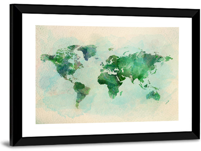 Green Watercolor World Map Wall Art as a framed print