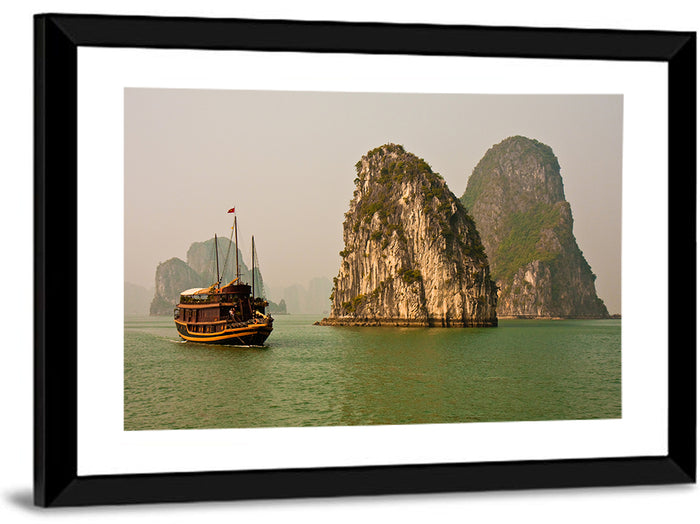 Ha Long Bay Junk Boat and Karst Cliffs Wall Art as a framed print