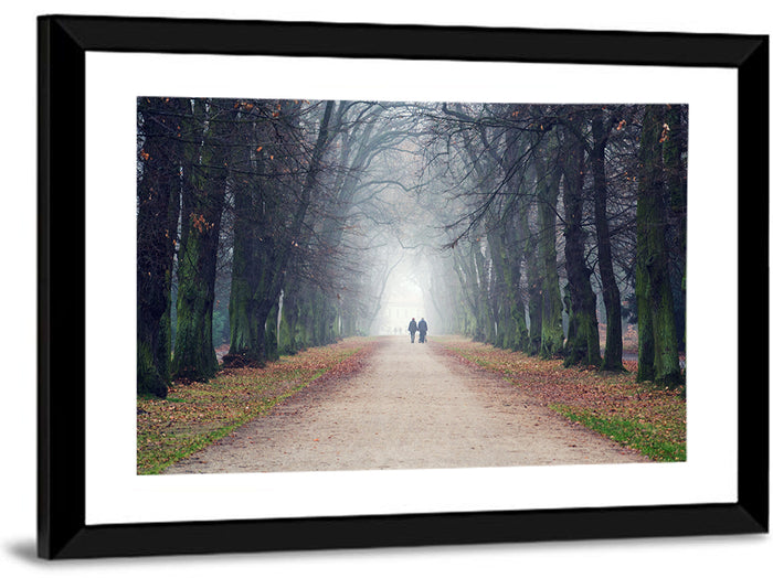 Foggy Tree Lined Walkway in Autumn Wall Art as a framed print