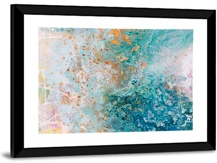 Teal Water Drops Abstract Wall Art as a framed print