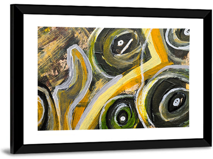 Impasto Swirl Circles in Yellow and Black Wall Art as a framed print