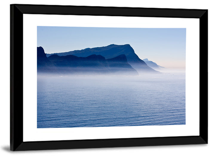 Misty Coastal Cliffs and Mountain Layers Wall Art as a framed print