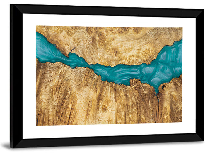 Burled Wood River with Teal Resin Wall Art as a framed print