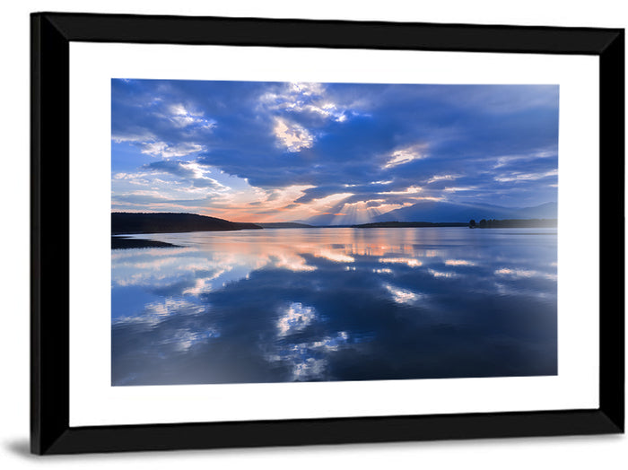 Cloudy Summer Lake Wall Art as a framed print