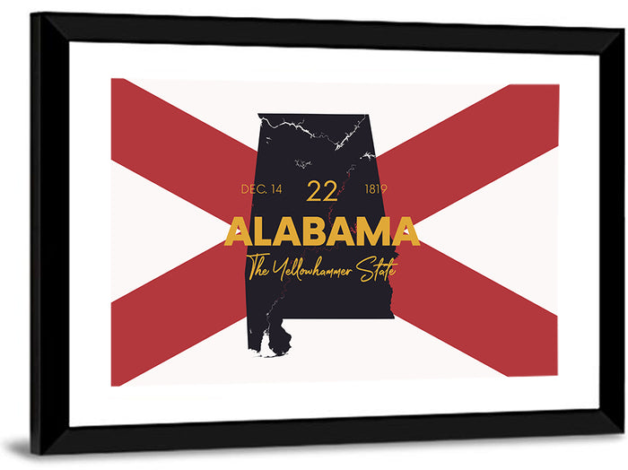 Alabama Map Over State Flag Wall Art as a framed print