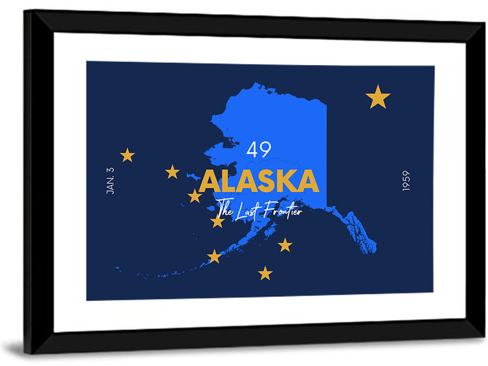 Alaska Map with Gold Stars Wall Art as a framed print