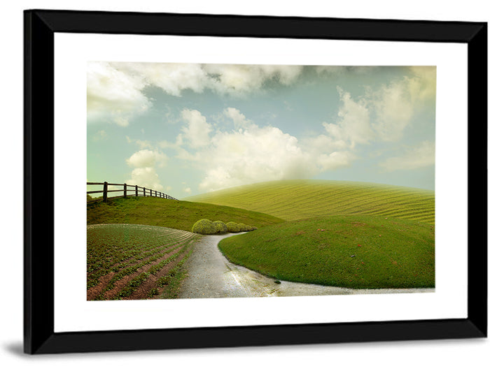 Winding Road Through Rolling Hills Wall Art as a framed print