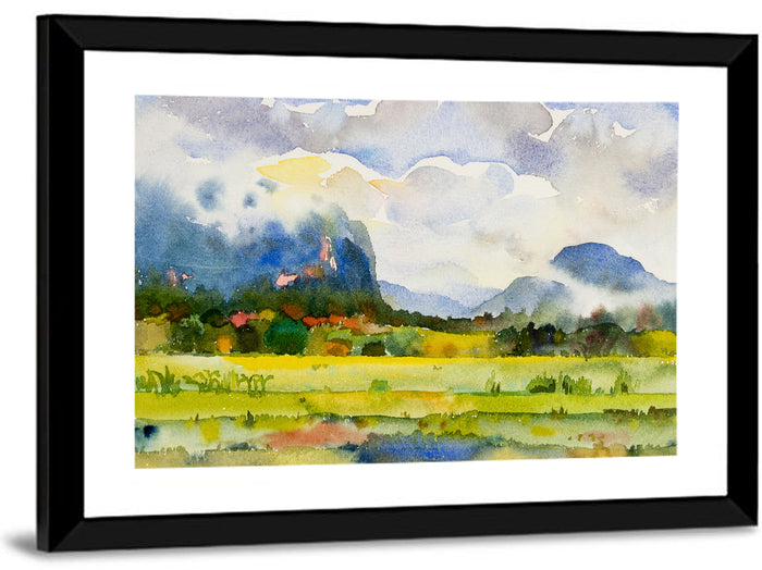 Summer Meadow Watercolor Landscape Wall Art as a framed print