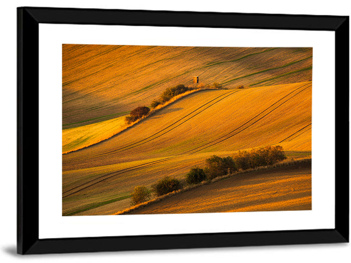 Golden Moravian Farm Tracks Wall Art as a framed print