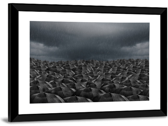 Clustered Umbrellas in Rain Wall Art as a framed print