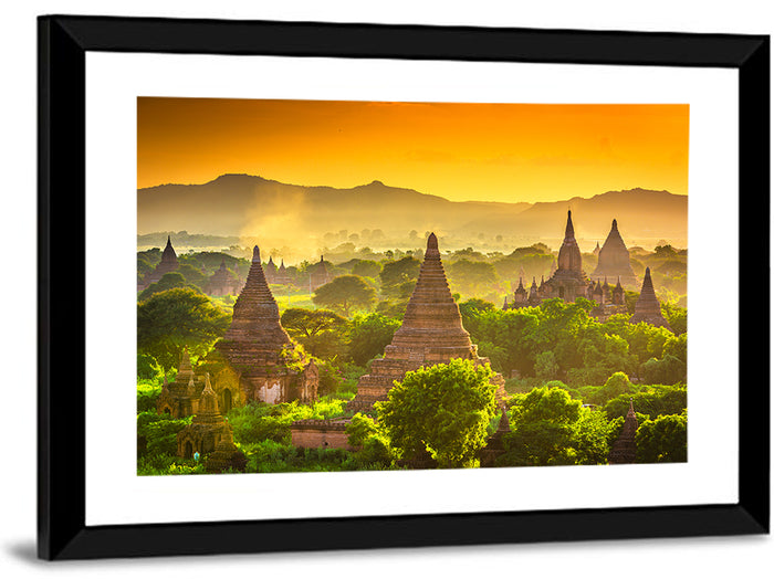 Bagan Golden Hour Temples Wall Art as a framed print