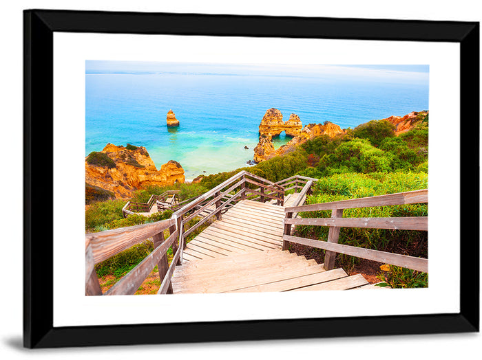 Wooden Stairs to Turquoise Atlantic Cove Wall Art as a framed print
