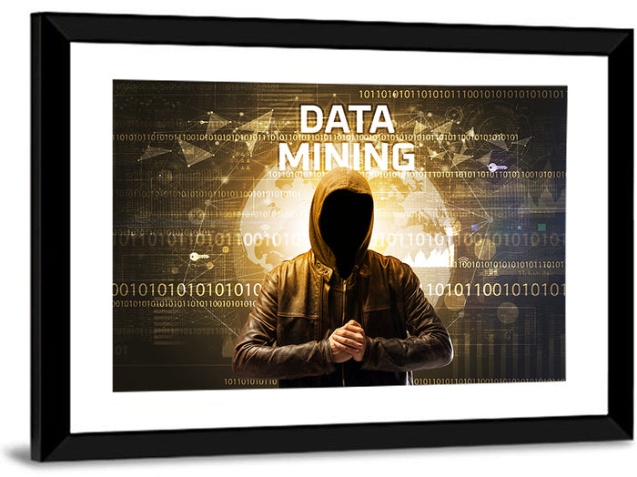 Hooded Hacker Data Mining Concept Wall Art as a framed print