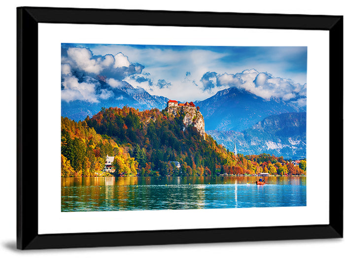 Bled Castle with Rowboat Wall Art as a framed print