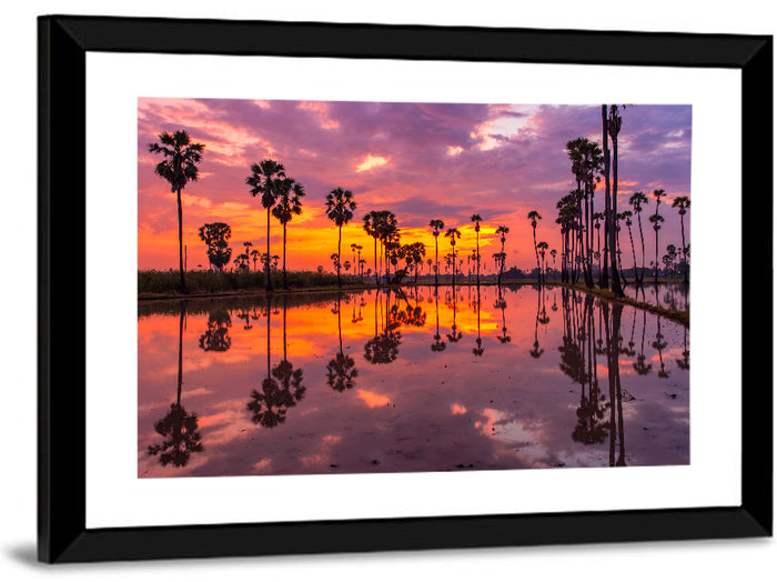 Palm Trees Sunset Reflection Wall Art as a framed print