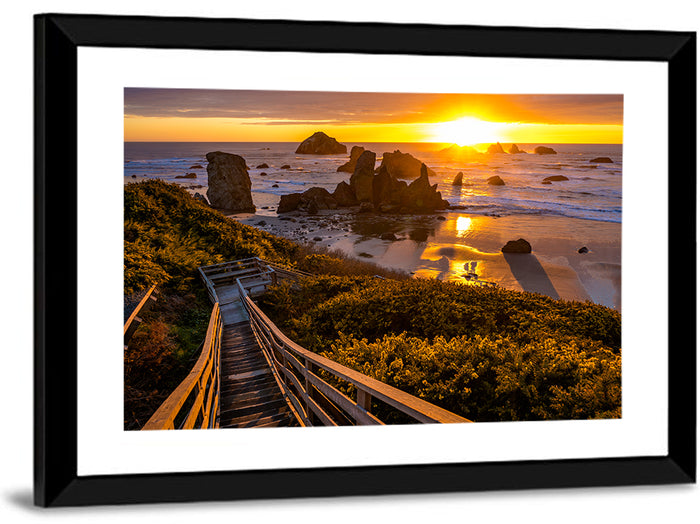 Bandon Beach Sunset Staircase Wall Art as a framed print