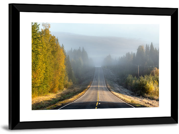Misty Finnish Forest Highway Wall Art as a framed print