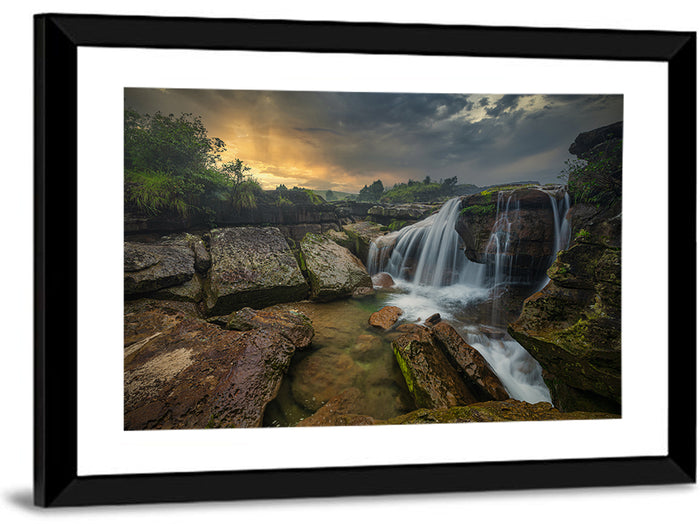 Mossy Rocks Waterfall at Golden Sky Wall Art as a framed print