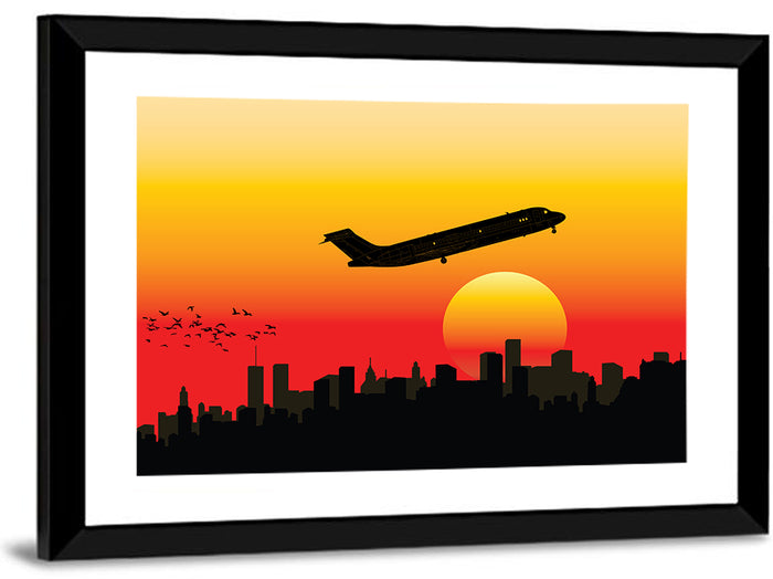 Airplane Over Sunset Skyline Wall Art as a framed print