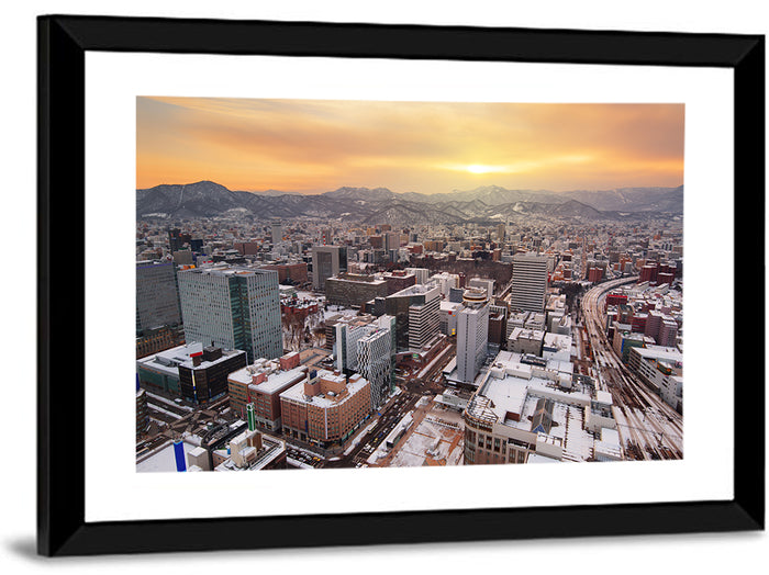 Sapporo Station Skyline at Golden Hour Wall Art as a framed canvas