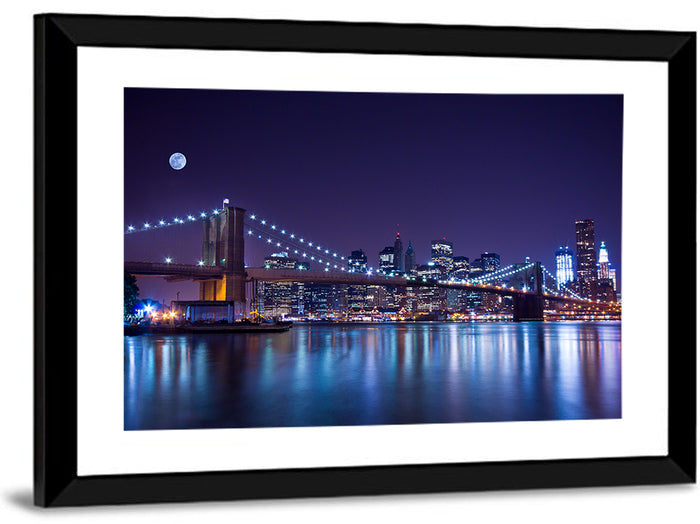 Brooklyn Bridge Moonlit Reflections Wall Art as a framed print