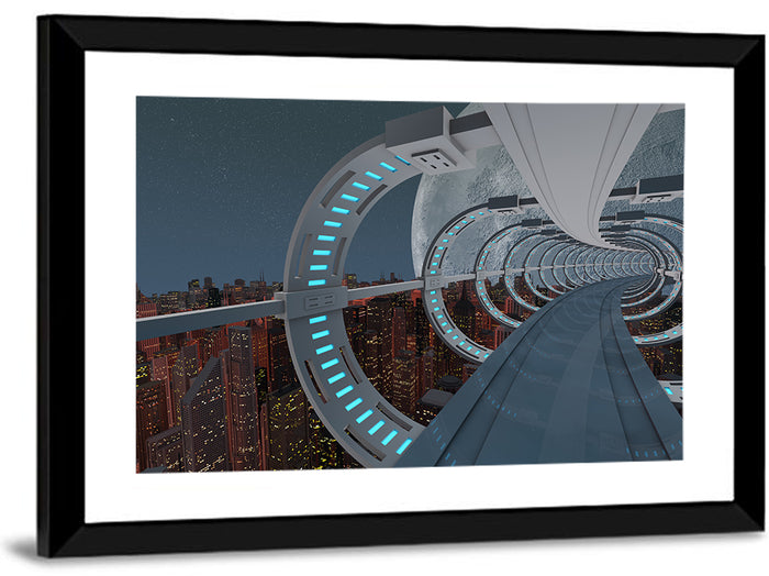 Futuristic City Tunnel with Moon Wall Art as a framed print