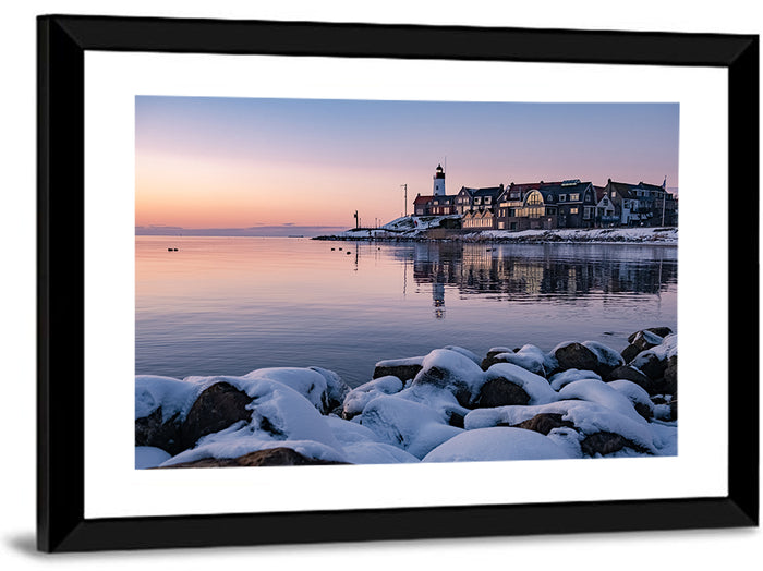 Urk Lighthouse Winter Twilight Harbor Wall Art as a framed print