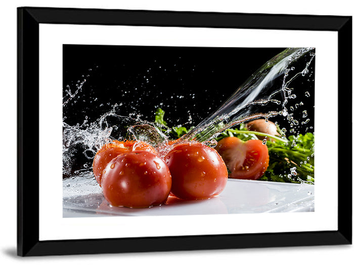 Tomatoes with Water Splash Wall Art as a framed print