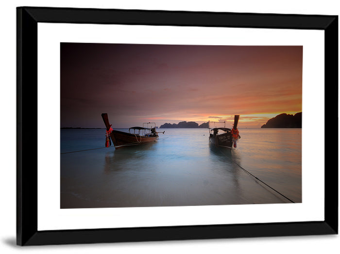 Phi Phi Longtail Boats at Golden Hour Wall Art as a framed print