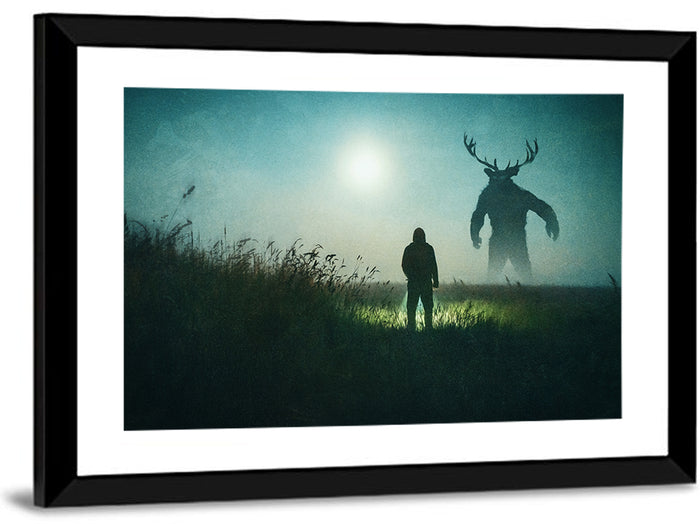 Antlered Shadow in Mist Wall Art as a framed print
