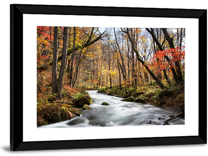 Sunlit Forest Stream Wall Art as a framed print