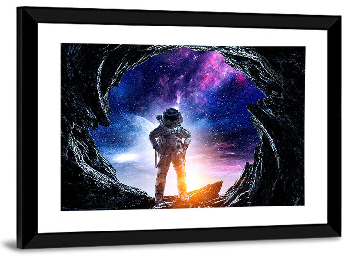 Astronaut at Alien Planet Cave Wall Art as a framed print