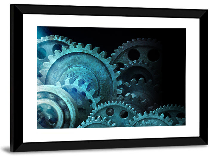 Teal and Steel Cogwheel Close-up Wall Art as a framed print