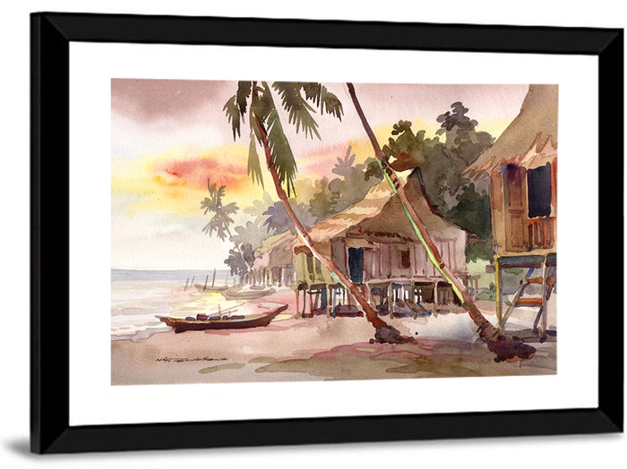 Malaysian Coastal Village at Sunset Wall Art as a framed print