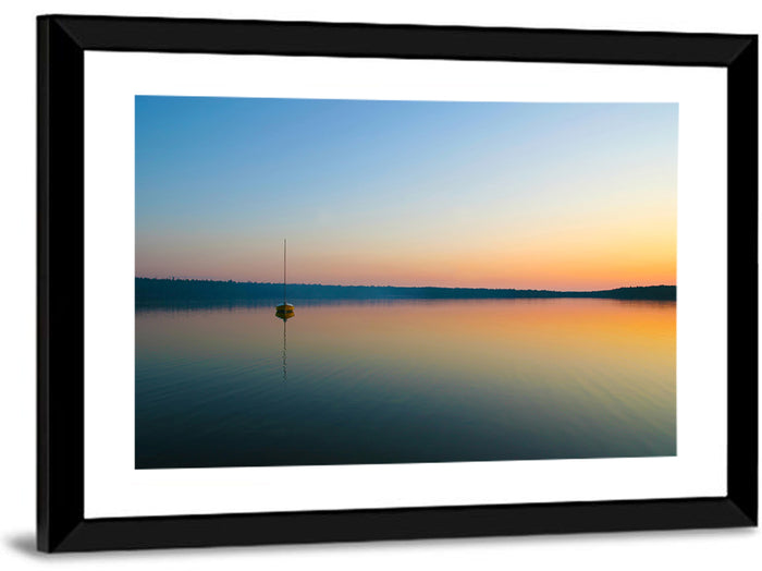 Cyprus Lake Sunset Boat Wall Art as a framed print