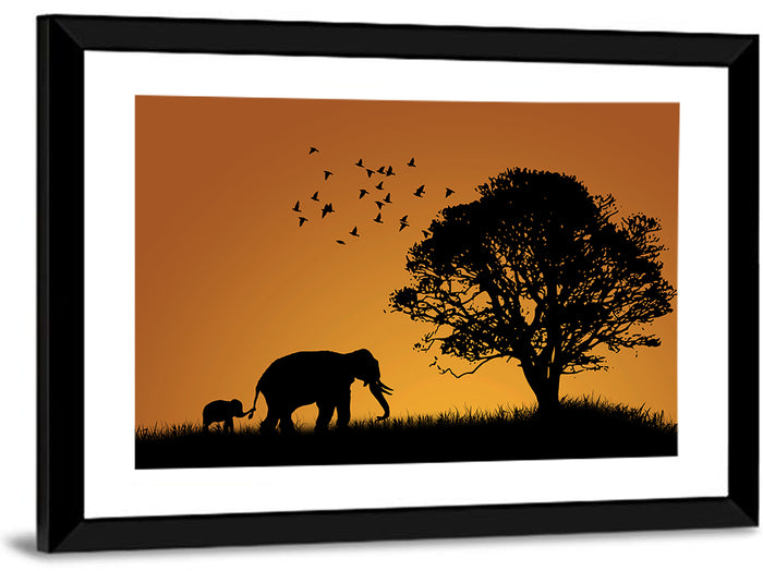 Elephant Family at Golden Sunset Wall Art as a framed print