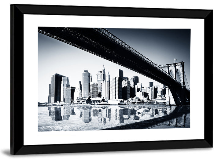 Brooklyn Bridge Low Angle Skyline Reflection Wall Art as a framed print