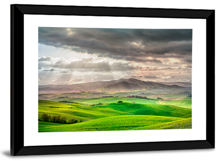 Tuscan Sunlit Hills Wall Art as a framed print