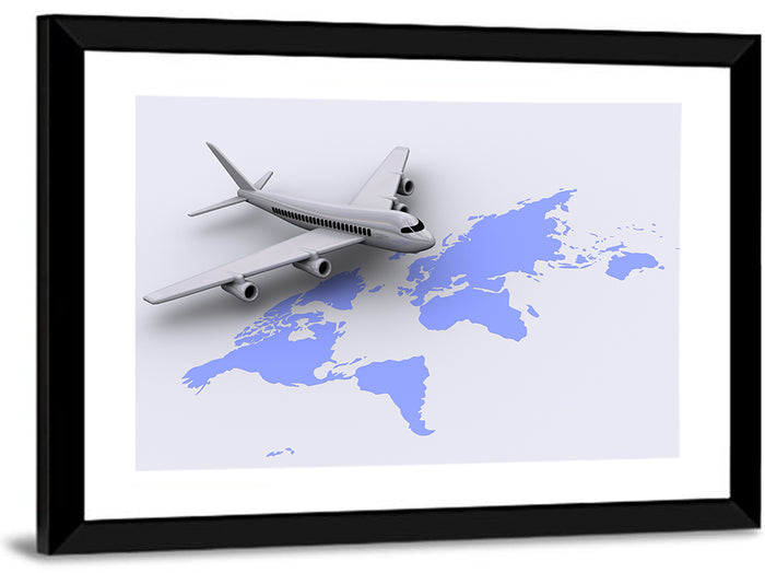 Airplane Over World Map Wall Art as a framed print