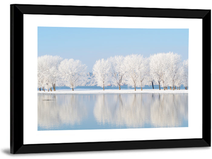 Frosted Winter Trees Reflected on a Quiet Lake Wall Art as a framed print