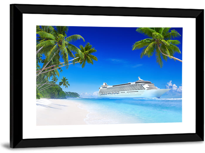 Tropical Beach Cruise Ship Shoreline Wall Art as a framed print