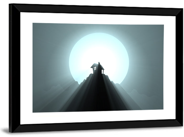 Moonlit Mountain Hut Wall Art as a framed print