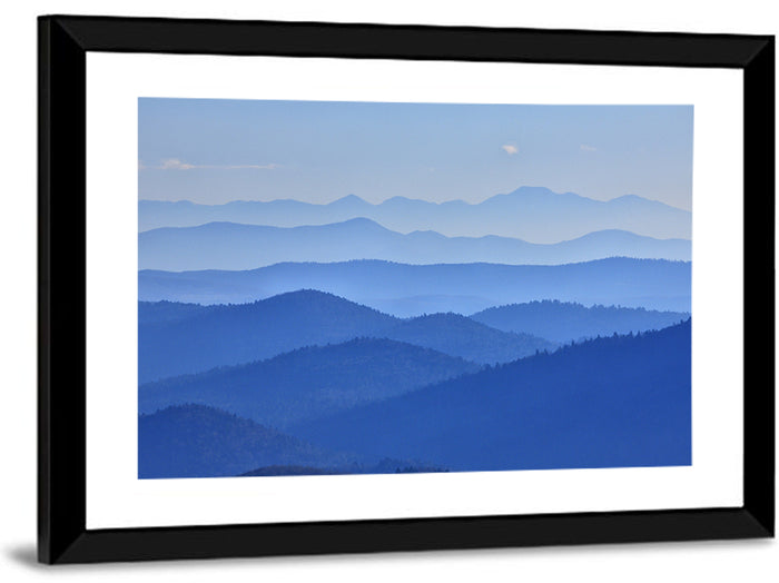 Misty Blue Mountain Valley Wall Art as a framed print