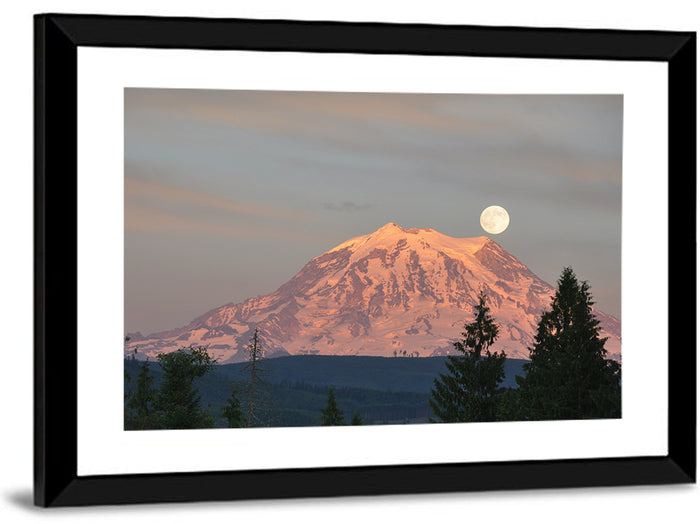 Mount Rainier Alpenglow with Full Moon Wall Art as a framed print