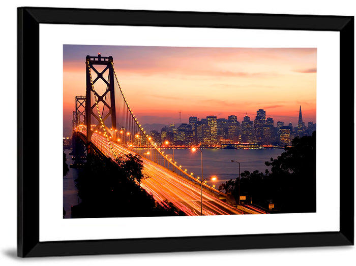 Bay Bridge Light Trails at Sunset Wall Art as a framed print