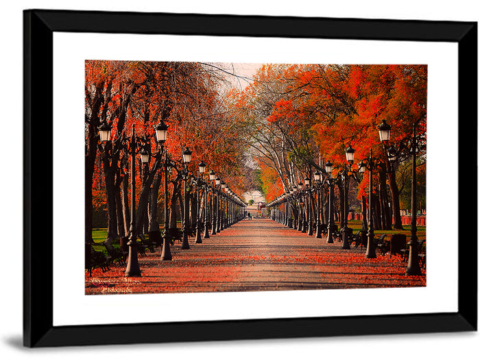 Autumn Park Path with Vintage Lampposts Wall Art as a framed print